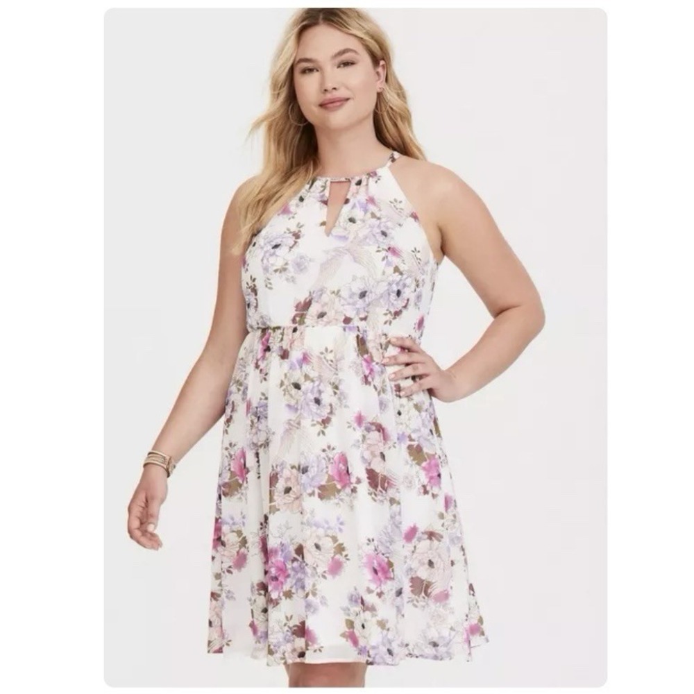Torrid Pink Purple Floral‎ Midi Chiffon Halter Neck Sleeveless Dress Size 2X